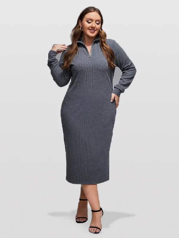 Plus size dresses featuring velvet textures feel plush -Plus Grey Band Collar Zipper Split Midi Knit Dress