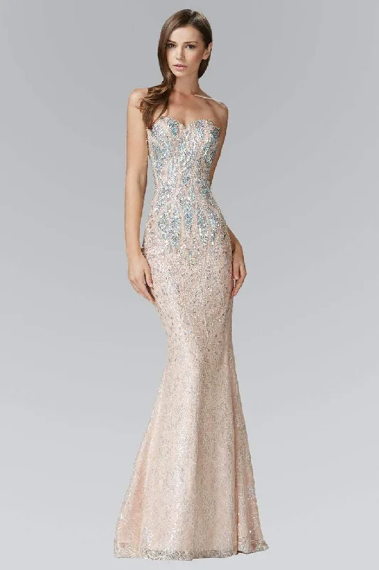 Plus size dresses featuring mesh overlays feel chic -Elizabeth K GL2004 Strapless Bead Textured Mermaid Gown