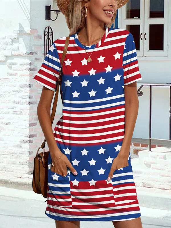 Plus size dresses for formal events look elegant -Pocketd US Flag Printed Short Sleeve Dress