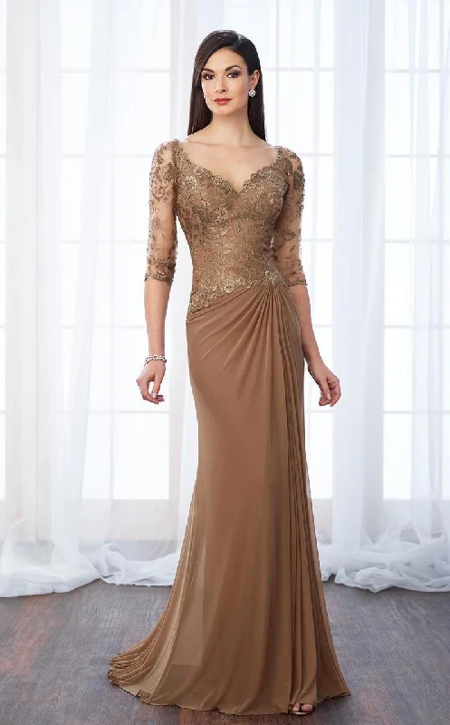 Plus size dresses with muted tones blend well -Mon Cheri 217646W Classy Lace and Mesh Gown