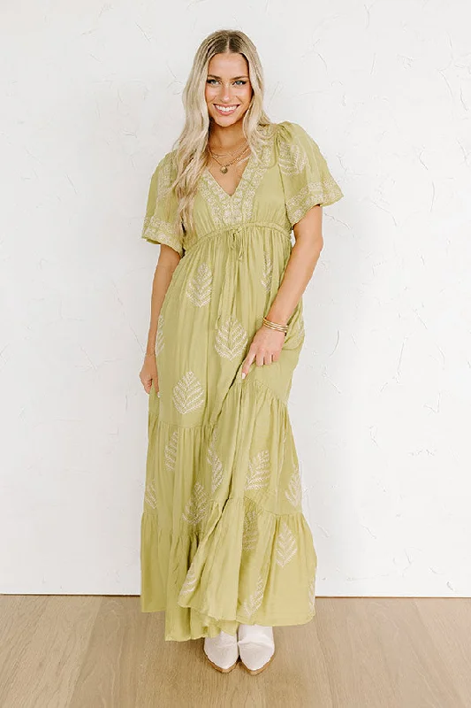 Plus size dresses with A-line cuts flatter curves -Venice Stroll Embroidered Maxi Dress in Chartreuse