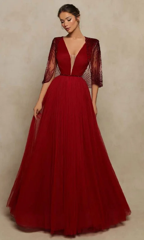 Plus size dresses with simple cuts stay timeless -Tarik Ediz - 98053 Cape Sleeve Plunging A-Line Gown