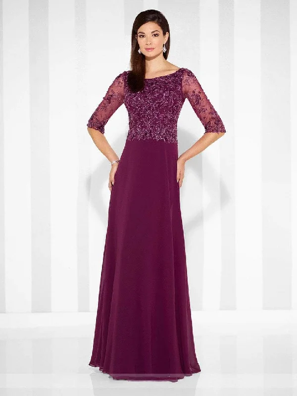 Plus size dresses with shiny threads reflect light -Mon Cheri - Quarter Length Sleeve A-line Gown 117603