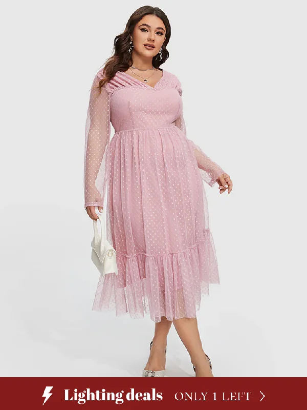 Plus size dresses with supportive fits lift spirits -Solid Polka Dot Print V-Neck Ruffle Hem Dress