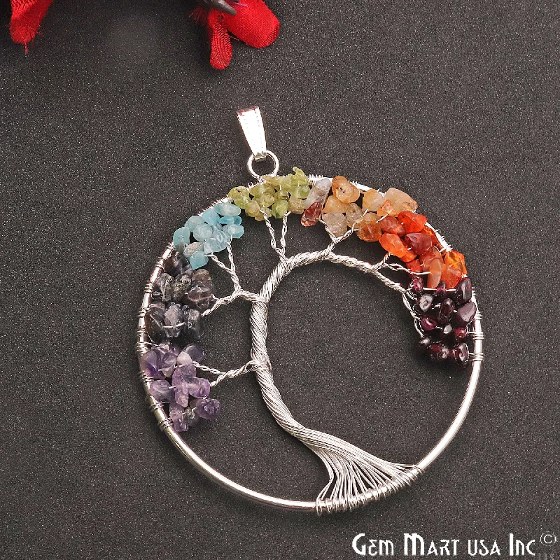 Best necklaces and pendants with opal and gold for a vibrant, luxurious contrast-Multi Color Tree Of Life 72x65mm Silver Wire Wrapped Round Shape Pendant