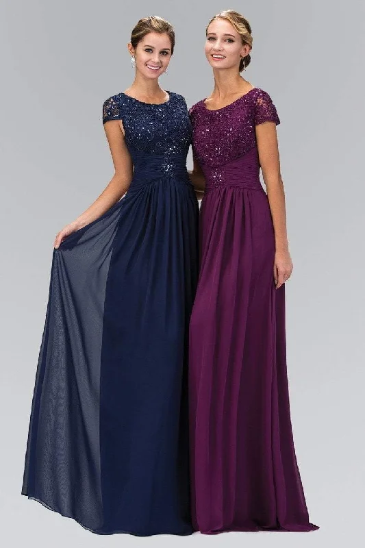 Plus size dresses for rainy days stay practical -Elizabeth K Cap Sleeve Beaded Lace Bodice Chiffon Gown - 1 pc Eggplant In Size XL Available