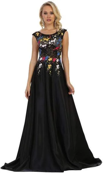 Plus size dresses with soft skirts feel light -May Queen - Cap Sleeves Floral Appliqued A-line Evening Gown RQ7587