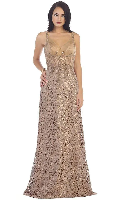 Plus size dresses for bridal parties glow elegantly -May Queen - Bedazzled V-Neck Sheath Evening Gown RQ7470 - 1 pc Mocha In Size 18 Available