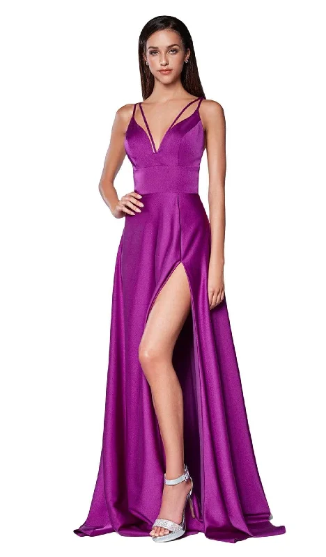 Plus size dresses featuring quilted textures add depth -Cinderella Divine - CS034 Plunging V-neck A-line Gown With Train