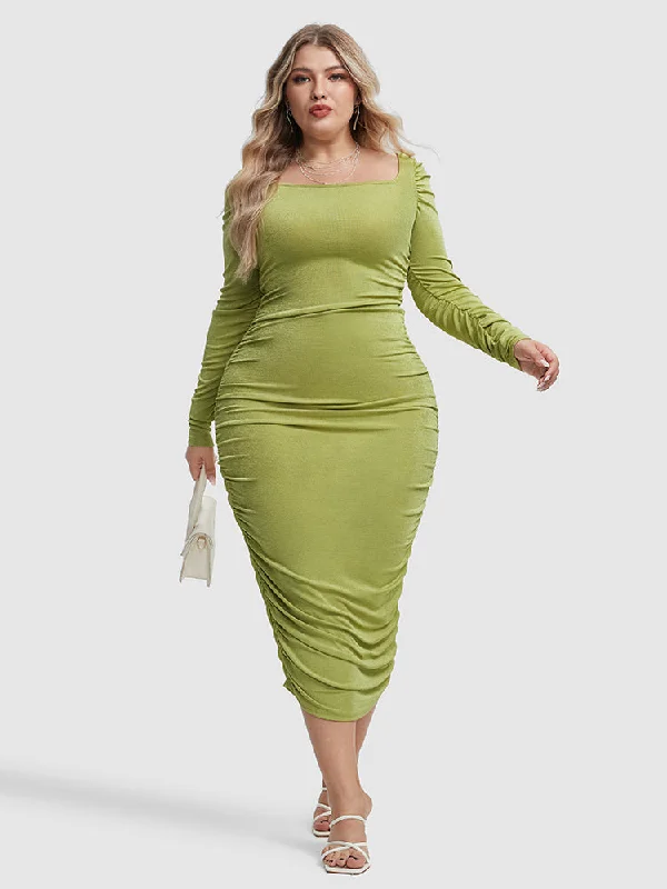 Plus size dresses for cold seasons warm up -Square Neck Ruched Bodycon Dress