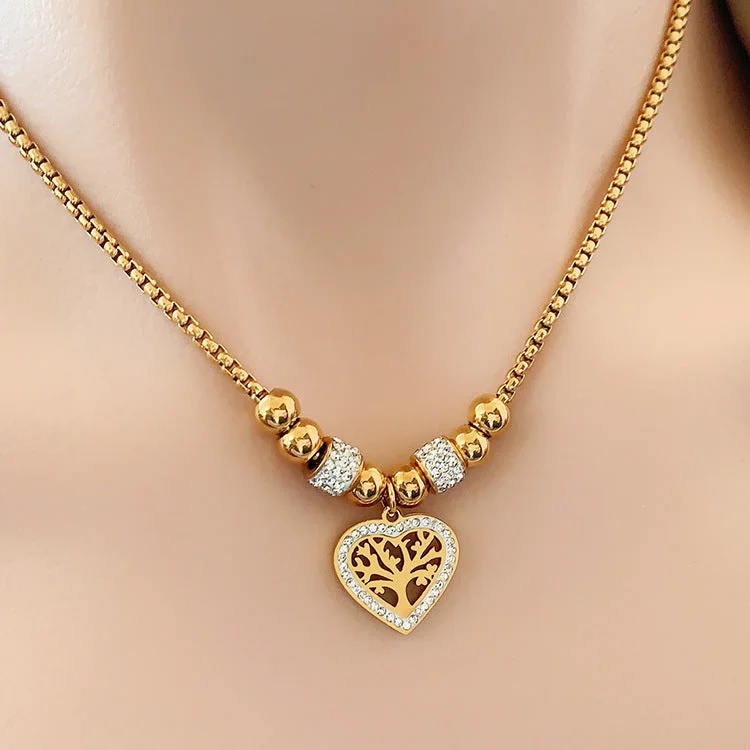 Beautiful necklaces and pendants with diamond-encrusted designs for maximum sparkle-Wholesale Full Diamond Heart Pendant Tree of Life Titanium Steel Necklaces