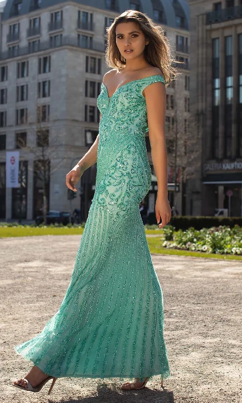 Plus size dresses with high waists define curves -Chic and Holland - AN1488 Sequined Off-Shoulder Modest Prom Dress