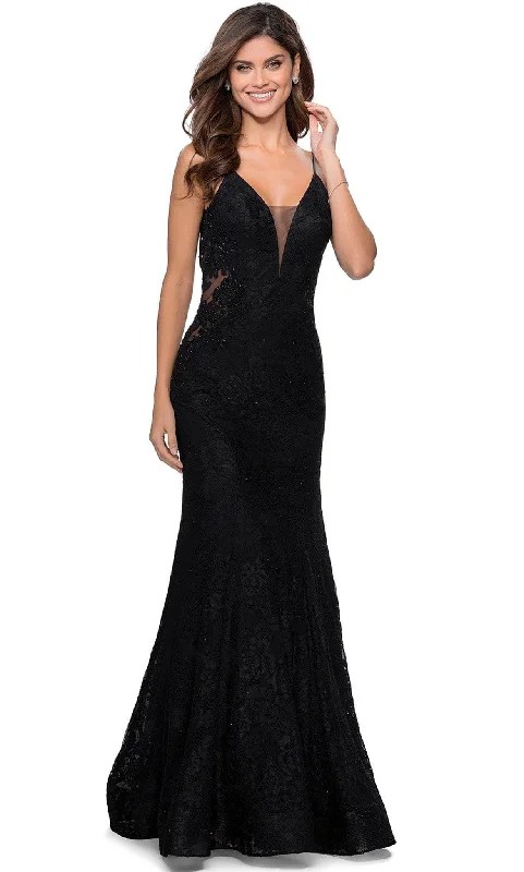 Plus size dresses for office chic stay crisp -La Femme - 28355 Plunging V-Neck Trumpet Gown