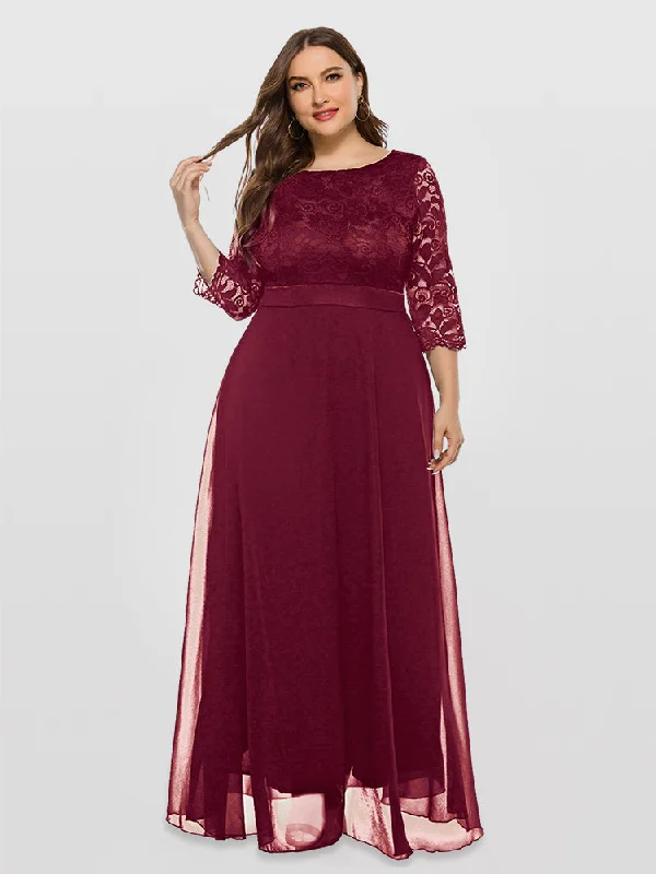 Plus size dresses featuring floral patterns feel fresh -Solid Lace Mesh Patchwork Round Neck Bridesmaid Dress