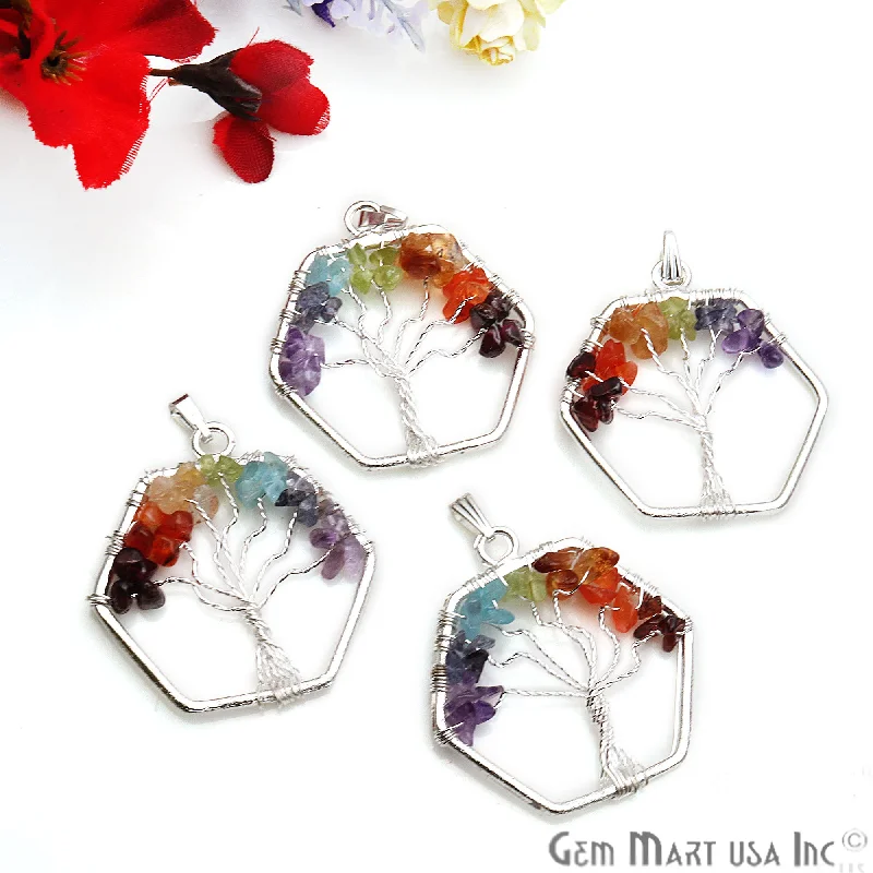 Necklaces and pendants with feather designs for a boho-chic, carefree vibe-Multi Color Tree Of Life 42x37mm Silver Wire Wrapped Hexagon Shape Pendant