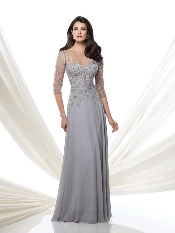 Plus size dresses featuring lace details feel romantic -Mon Cheri Illusion Bateau Neck Gown in Silver 115971W