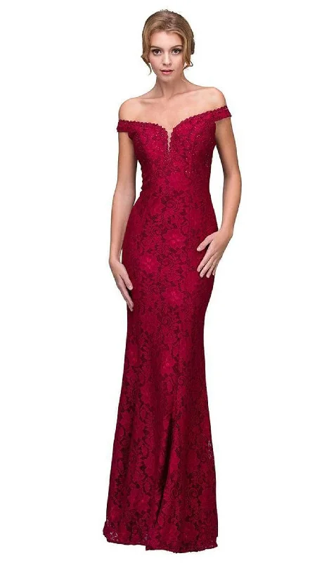 Plus size dresses for wide hips fit nicely -Eureka Fashion - 8050 Lace Jersey Off-Shoulder Trumpet Dress