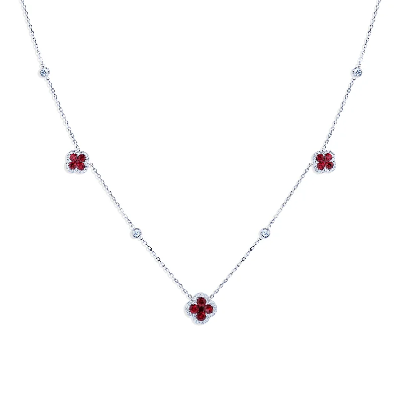 Necklaces and pendants with leaf-shaped designs for an earthy, organic feel-Sabel Collection White Gold Ruby and Diamond Flower Station Necklace