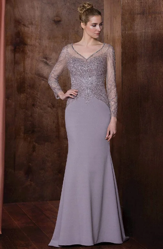 Marsoni by Colors - Long Sleeve Bejeweled V-Neck Trumpet Dress M195 - 1 pc Taupe In Size 22 Available