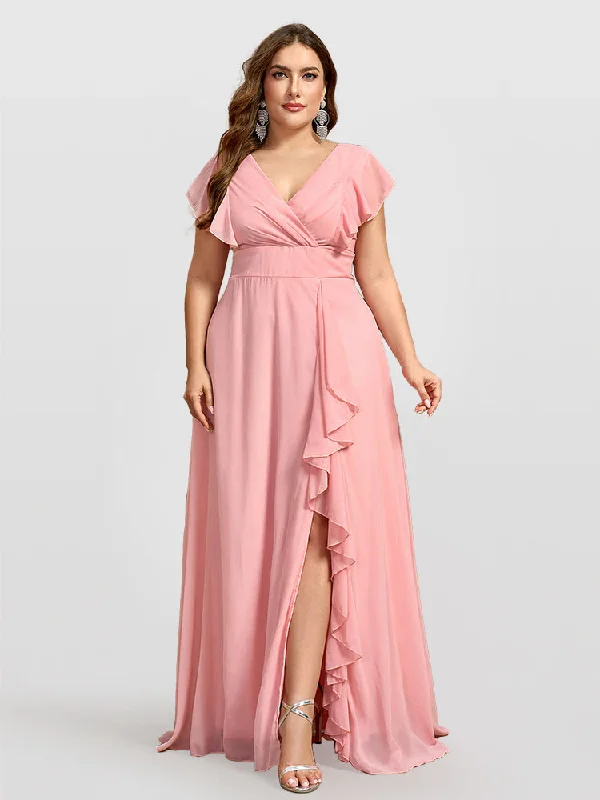 Plus size dresses for festive events shine loud -Flutter Sleeve V-Neck Ruffle Hem Bridesmaid Dresses