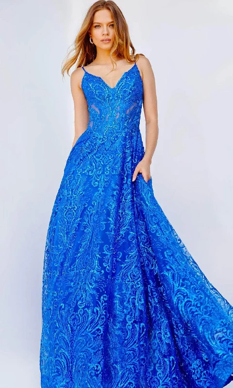 Plus size dresses with tie waists adjust perfectly -Jovani 09016 - Spaghetti Strap Glitter Prom Dress