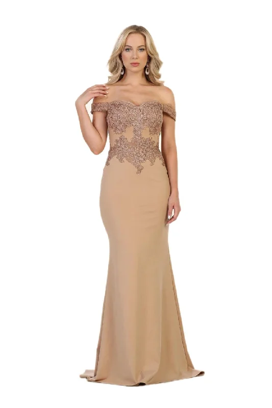 Plus size dresses with comfy fits ease days -May Queen MQ-1529 Off Shoulder Lace Ornate Trumpet Gown