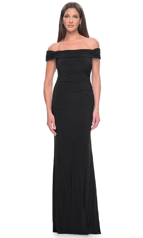 Plus size dresses with soft textures feel cozy -La Femme 31086 - Off-Shoulder Sheath Evening Dress