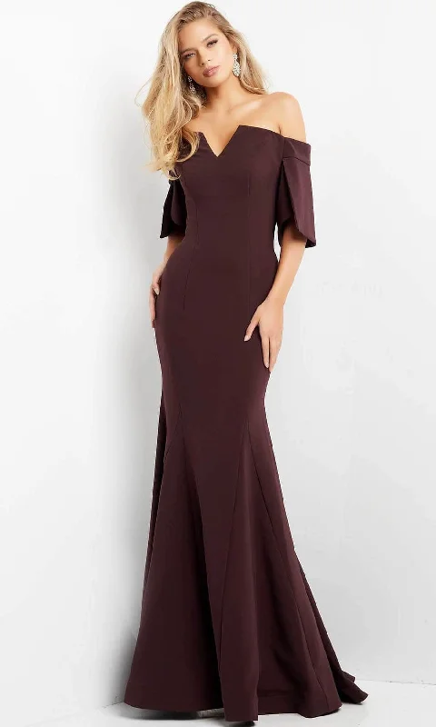 Plus size dresses with sleek finishes stay polished -Jovani 04341 - Split Sleeve Off Shoulder Evening Dress