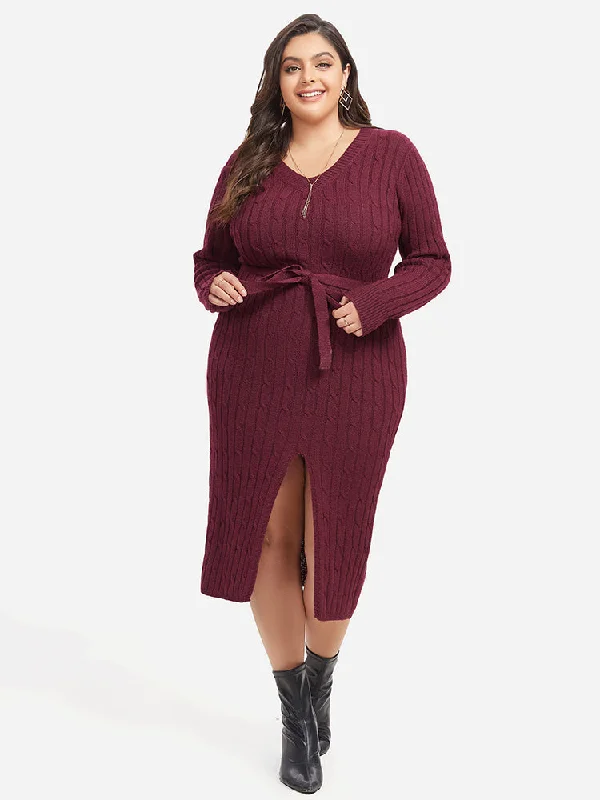 Plus size dresses featuring boho vibes are chic -Cable Knit Belted Split  Midi Sweater Dress