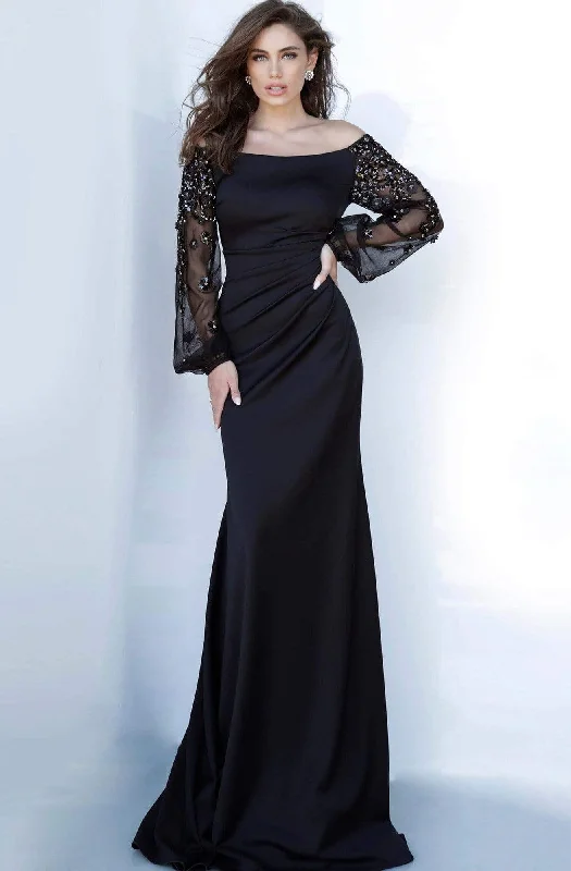 Comfortable plus size dresses for daily wear feel great -Jovani - 1156 Off- Shoulder Bishop Sleeve Sheath Dress