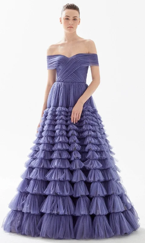 Plus size dresses with scoop necklines feel classic -Tarik Ediz 98306 - Off Shoulder Tiered Tulle Evening Gown