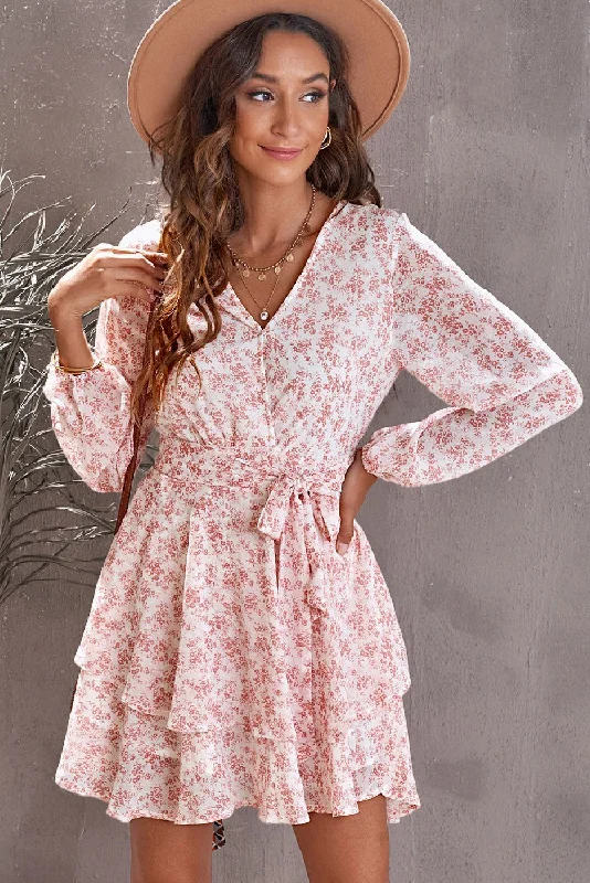 Plus size dresses featuring braided trims are artsy -Floral Surplice Balloon Sleeve Layered Dress