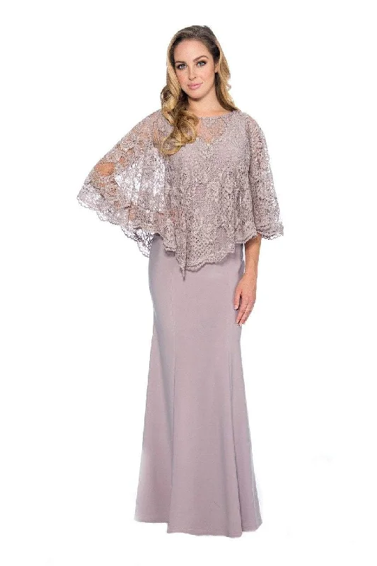 Plus size dresses with high necklines look refined -Decode 1.8 - 184553 Jersey Knit Long Gown with Lace Cape