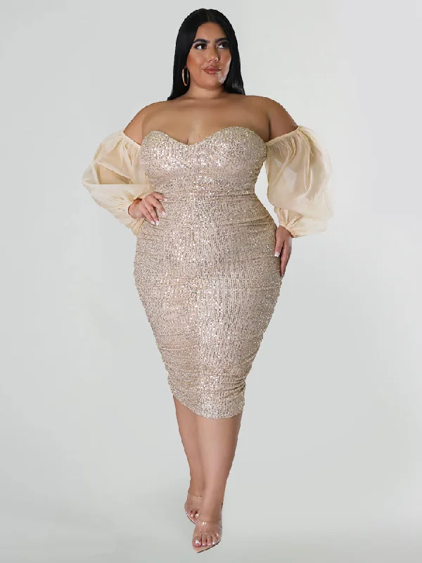 Plus size dresses featuring sequined tops glitter bright -Contrast Mesh Off Shoulder Sequin Dress