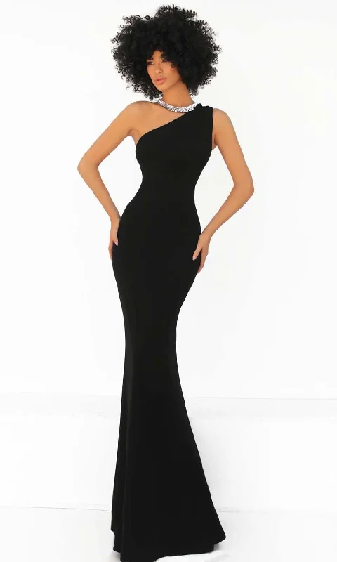 Trendy plus size dresses with bold prints stand out -Tarik Ediz - 51015 Asymmetrical Halter Trumpet Evening Dress