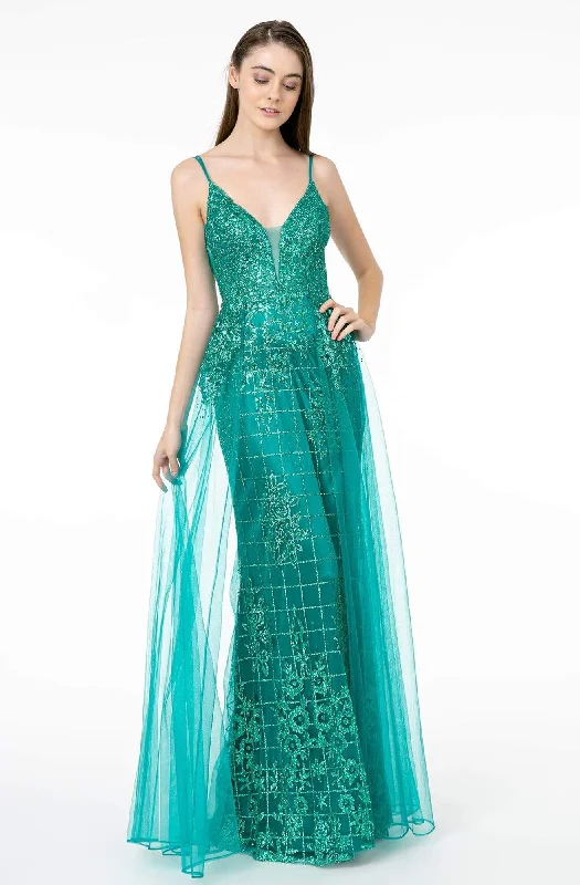 Plus size dresses for travel pack light always -Elizabeth K - GL2924 Illusion Deep V-Neck Glitter Mesh Mermaid Gown