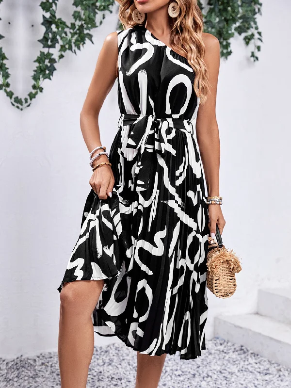 Plus size dresses with comfy flows feel gentle -Printed Single Shoulder Tie Waist Dress