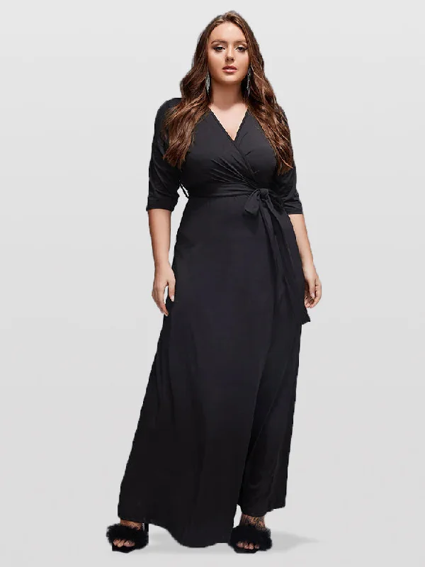 Plus size dresses with unique necklines add flair -Plus V-Neck Tie Front Maxi Dress