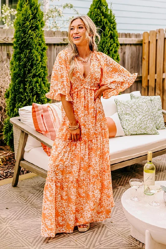 Plus size dresses with ruched details hide flaws -Affectionate Feeling Floral Smocked Maxi Dress in Orange