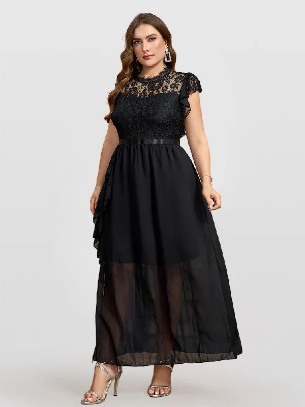 Plus size dresses featuring maxi lengths flow gracefully -Lace Applique Tulle Ruffle Detail Bridesmaid Dresses