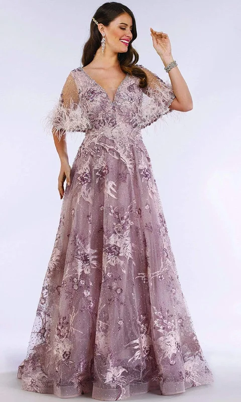 Plus size dresses featuring velvet textures feel plush -Lara Dresses - 29622 Feathery Sheer Cape Sleeve Embellish A-Line Gown