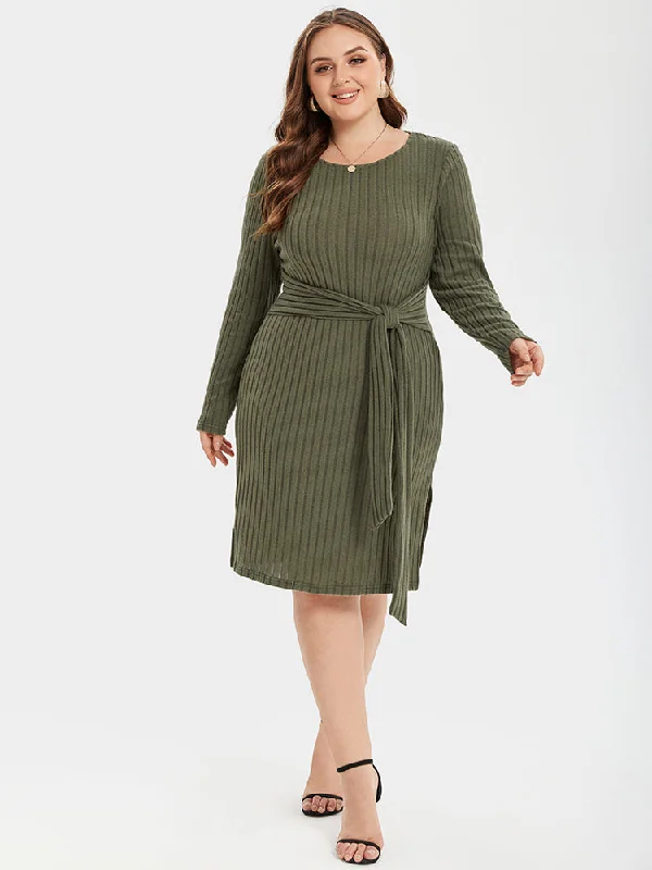 Plus size dresses featuring geometric prints are trendy -Tie Front Split Ribbed Knit Bodycon Sweater Dress