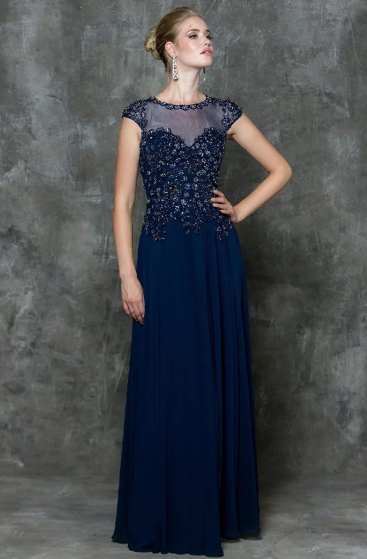 Plus size dresses with scoop necklines feel classic -Marsoni by Colors Beaded Illusion A-Line Gown M181 - 1 pc Navy In Size 18 Available