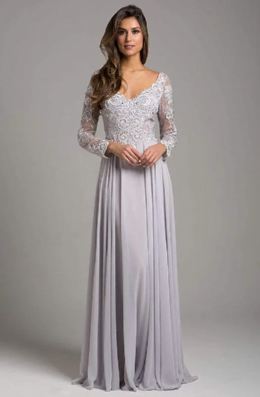 Plus size dresses with unique cuts stand apart -Lara Dresses - Sheer Long Sleeve Lace Appliqued A-Line Gown 29929 - 1 pc Silver In Size 12 Available