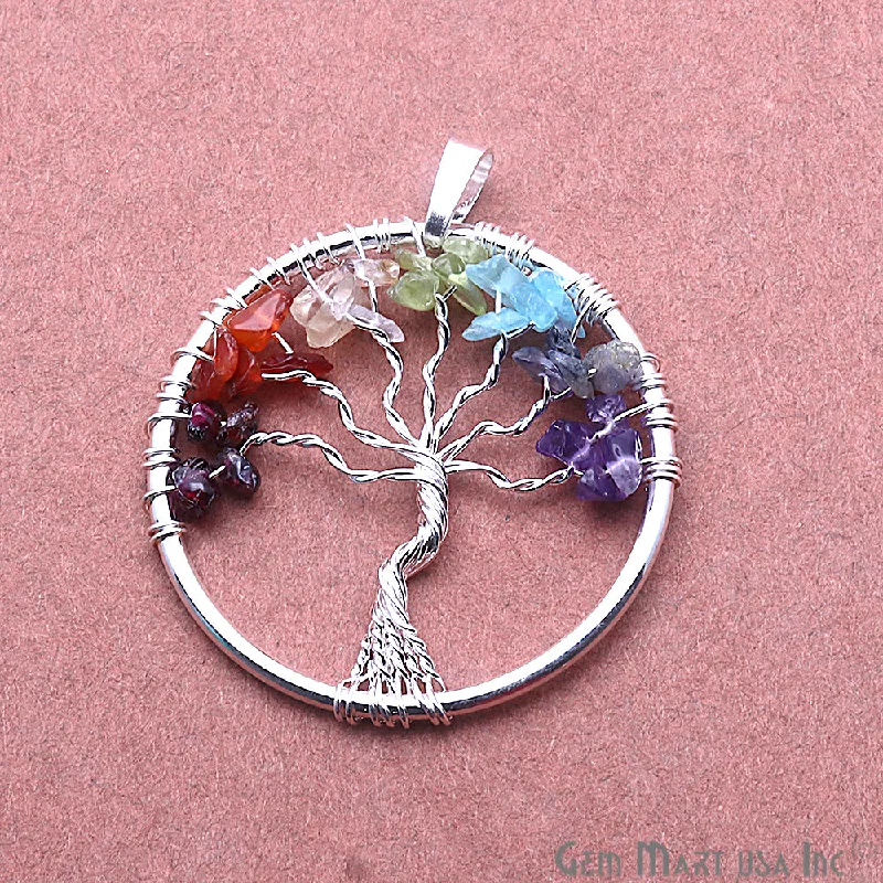 Best necklaces and pendants with crystal accents for a sparkling and elegant style-DIY Tree of Life Multi Color Gemstone Silver Wire Wrapped Pendant 1pc