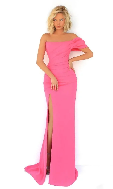 Plus size dresses with long sleeves cover comfortably -Tarik Ediz - 51092 Draped High Slit Gown