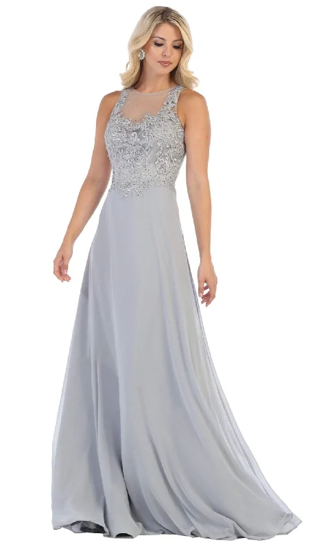 Plus size dresses with long sleeves cover comfortably -May Queen - MQ1621 Embellished Illusion Jewel A-line Dress