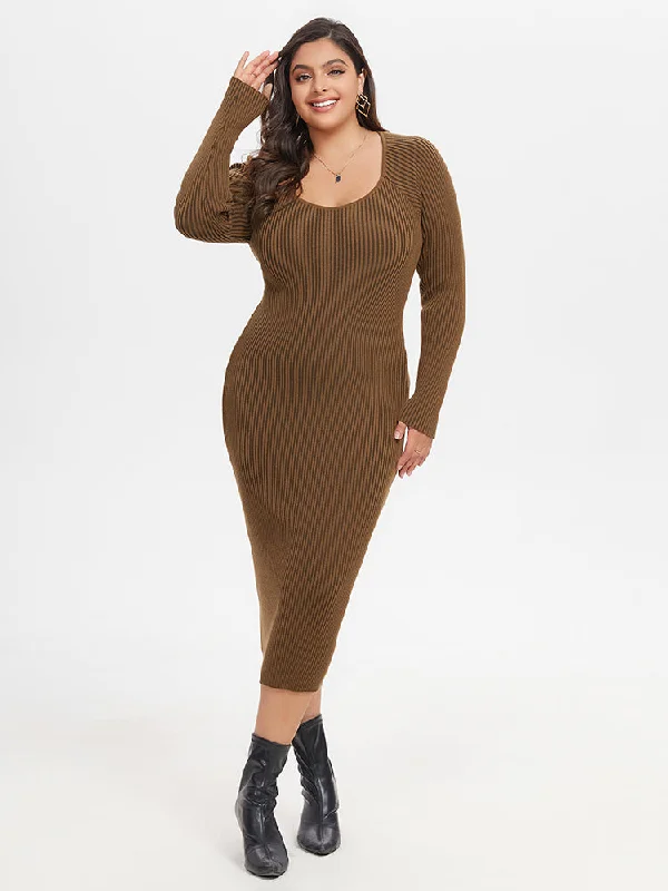 Plus size dresses featuring vibrant colors lift moods -Square Neck Ribbed Knit Midi Sweater Dress