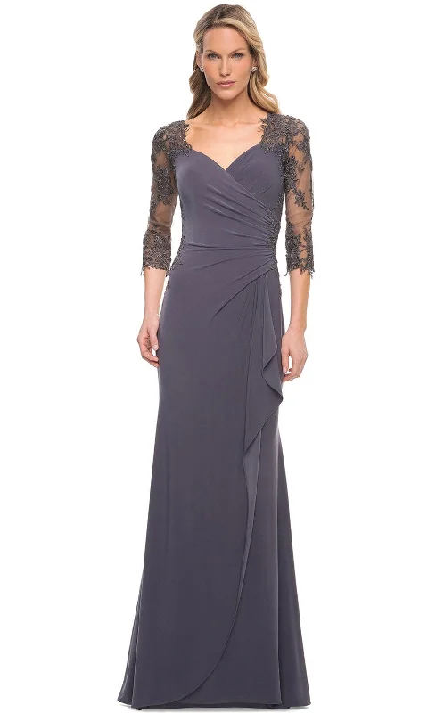 Elegant plus size dresses for weddings fit beautifully -La Femme 30384 - Lace Covered Sleeves Net Jersey Gown