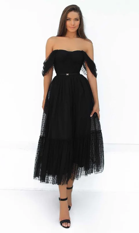 Plus size dresses with soft textures feel cozy -Tarik Ediz - 51140 Off Shoulder Polka Dots Evening Dress